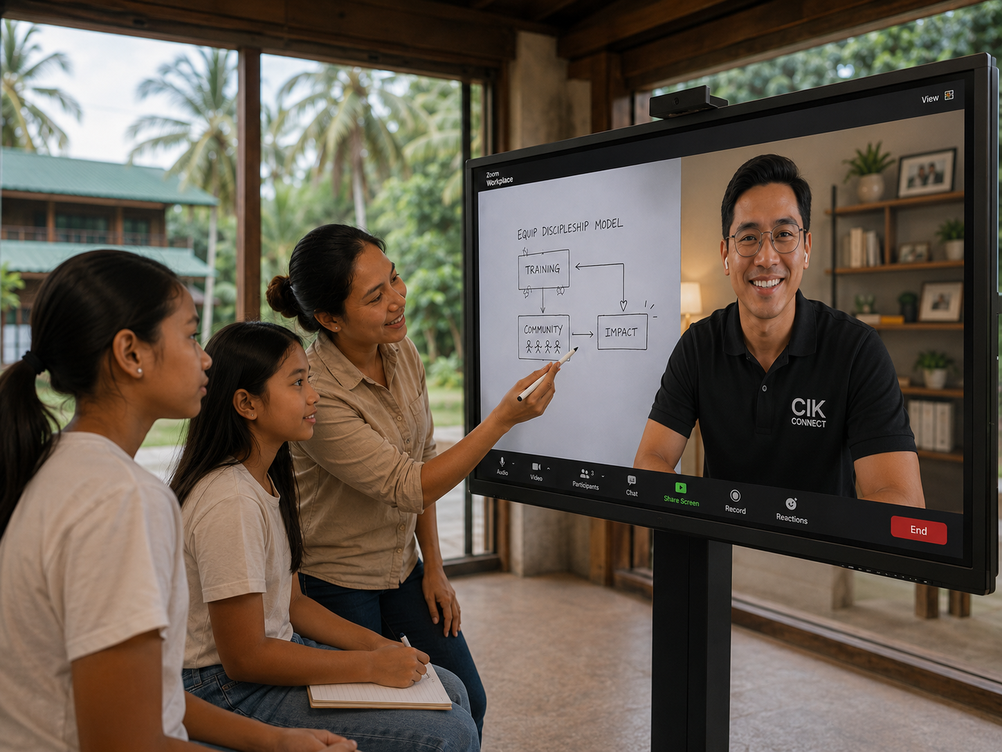 A CIK Connect mentor on a video call discipling students through a training, community, and impact model