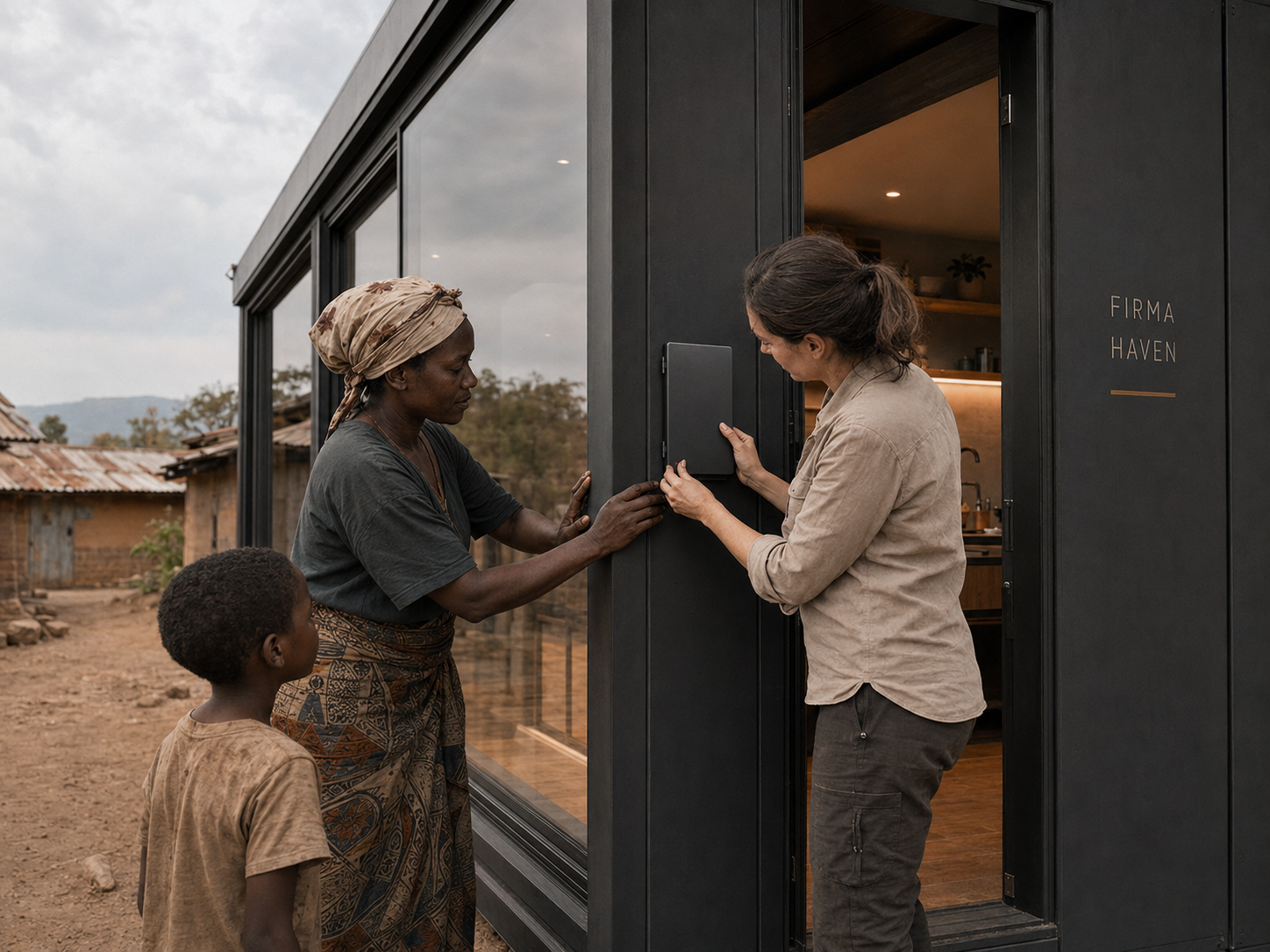A Firma team member welcoming a family at the door of their new Firma Haven