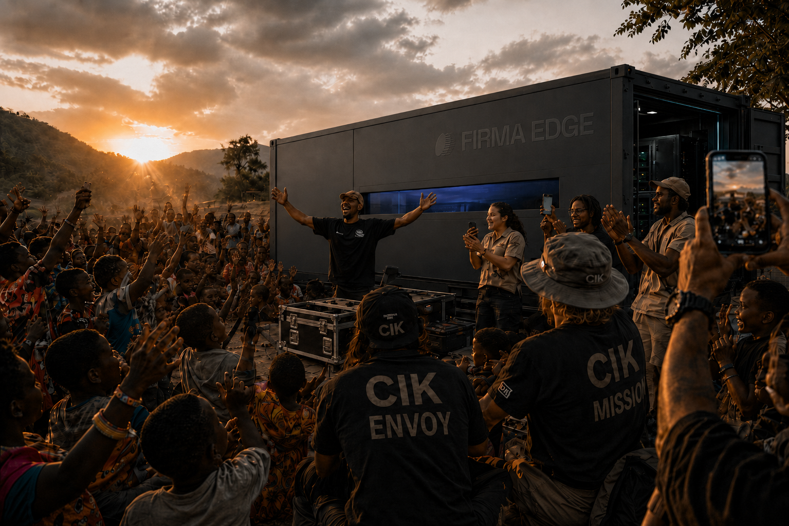 A CIK Envoy team celebrating with a community at sunset as a Firma Edge deployment comes alive