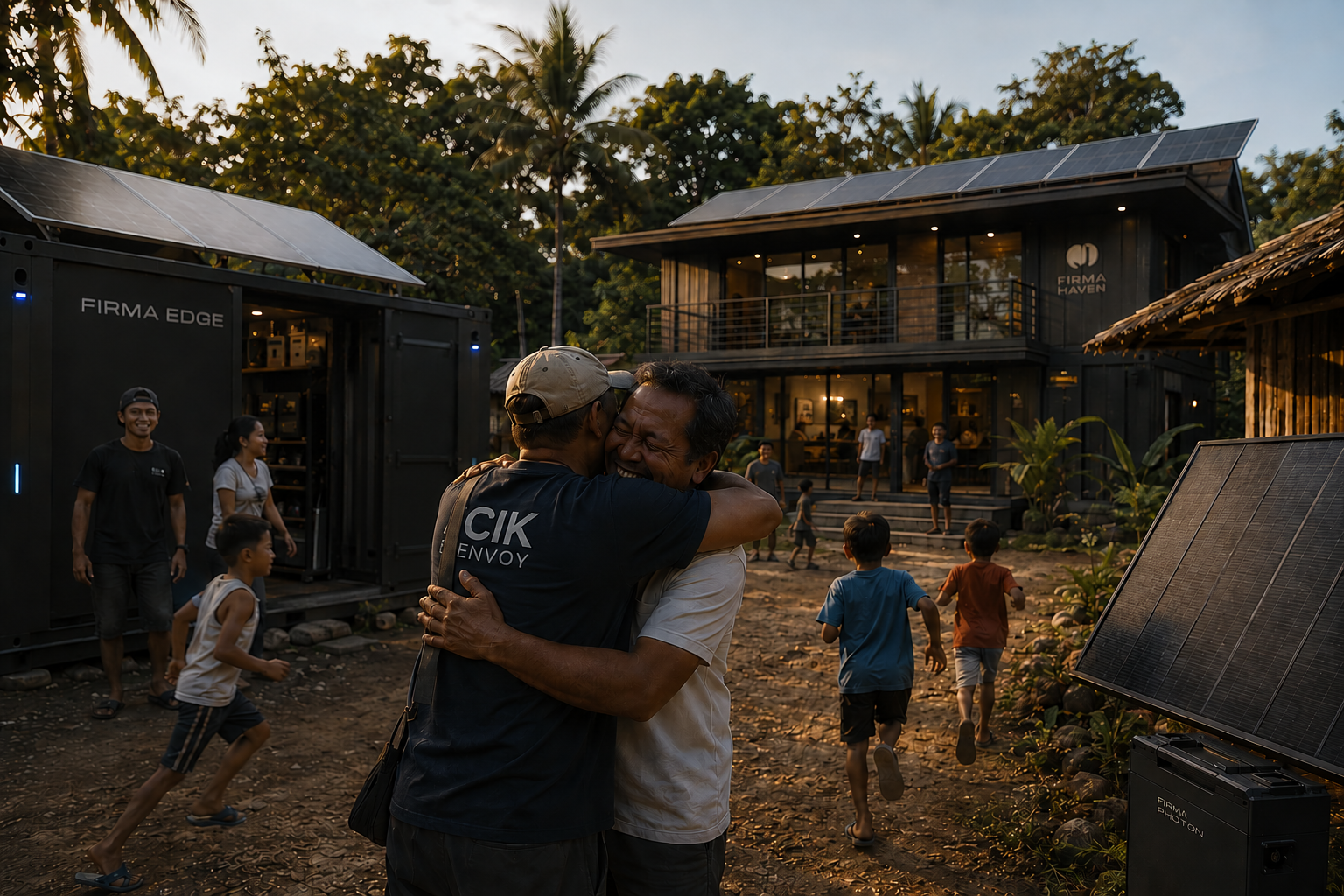 A CIK envoy embracing a community member as families gather at a new Firma Haven — the real goal is the people