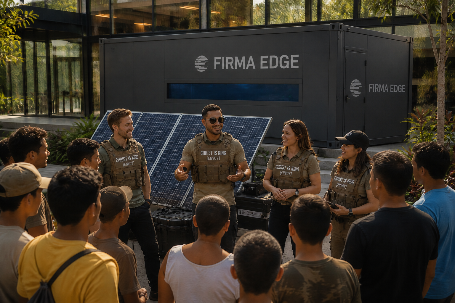 A CIK Envoy team in Christ is King vests teaching local youth beside a Firma Edge container and solar array