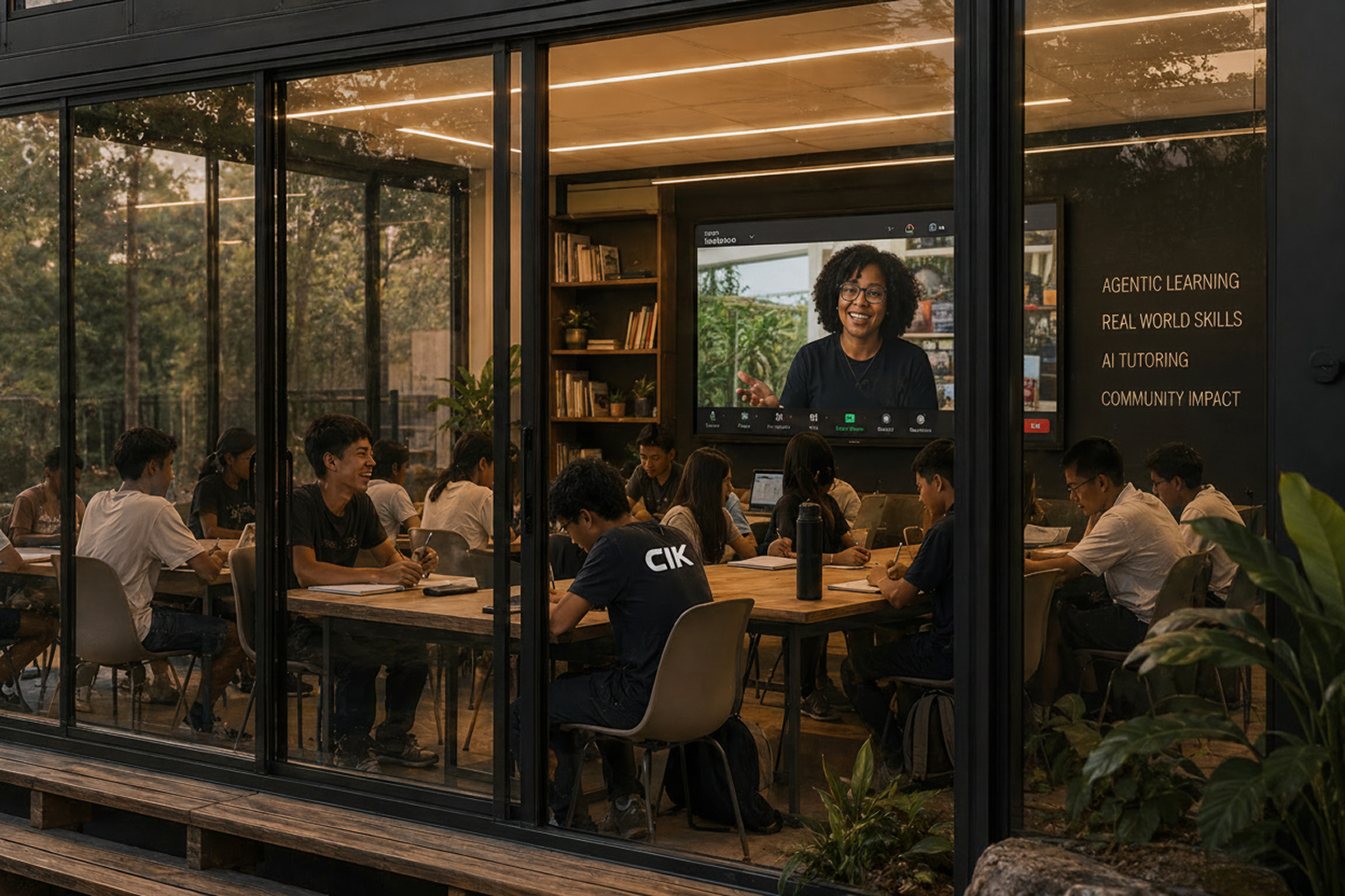 Students in an Alpha learning center with agentic AI tutoring on screen — real-world skills and community impact