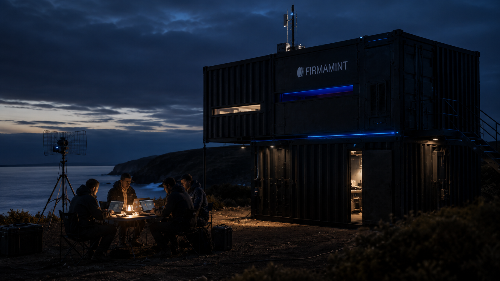 A firmamint compute container on the coast at dusk, a team bringing the chain up in the field — the substrate where compute itself is the transaction