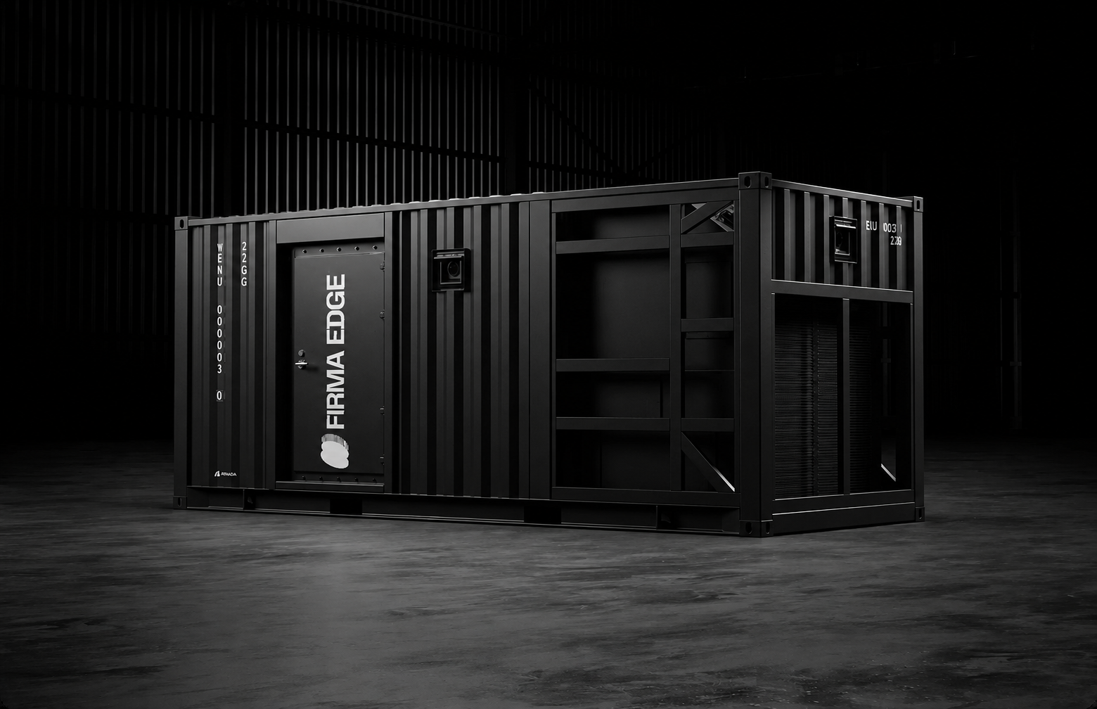 A Firma Edge compute container — matte black, hangar lit