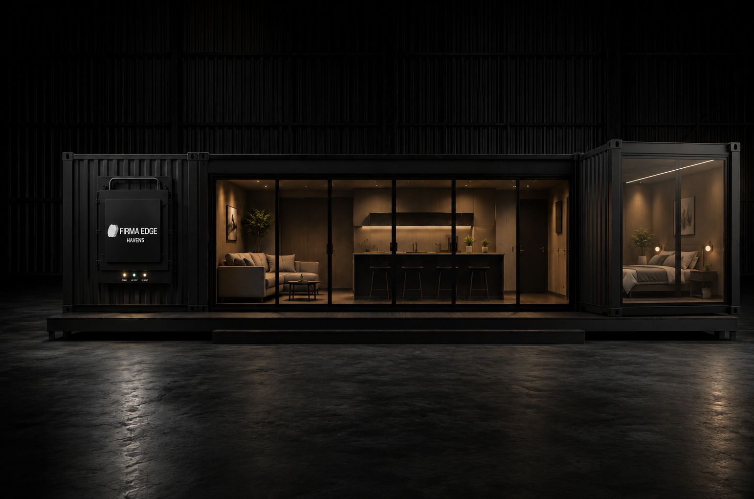 A Firma Haven home interior — lit kitchen, living, and bedroom