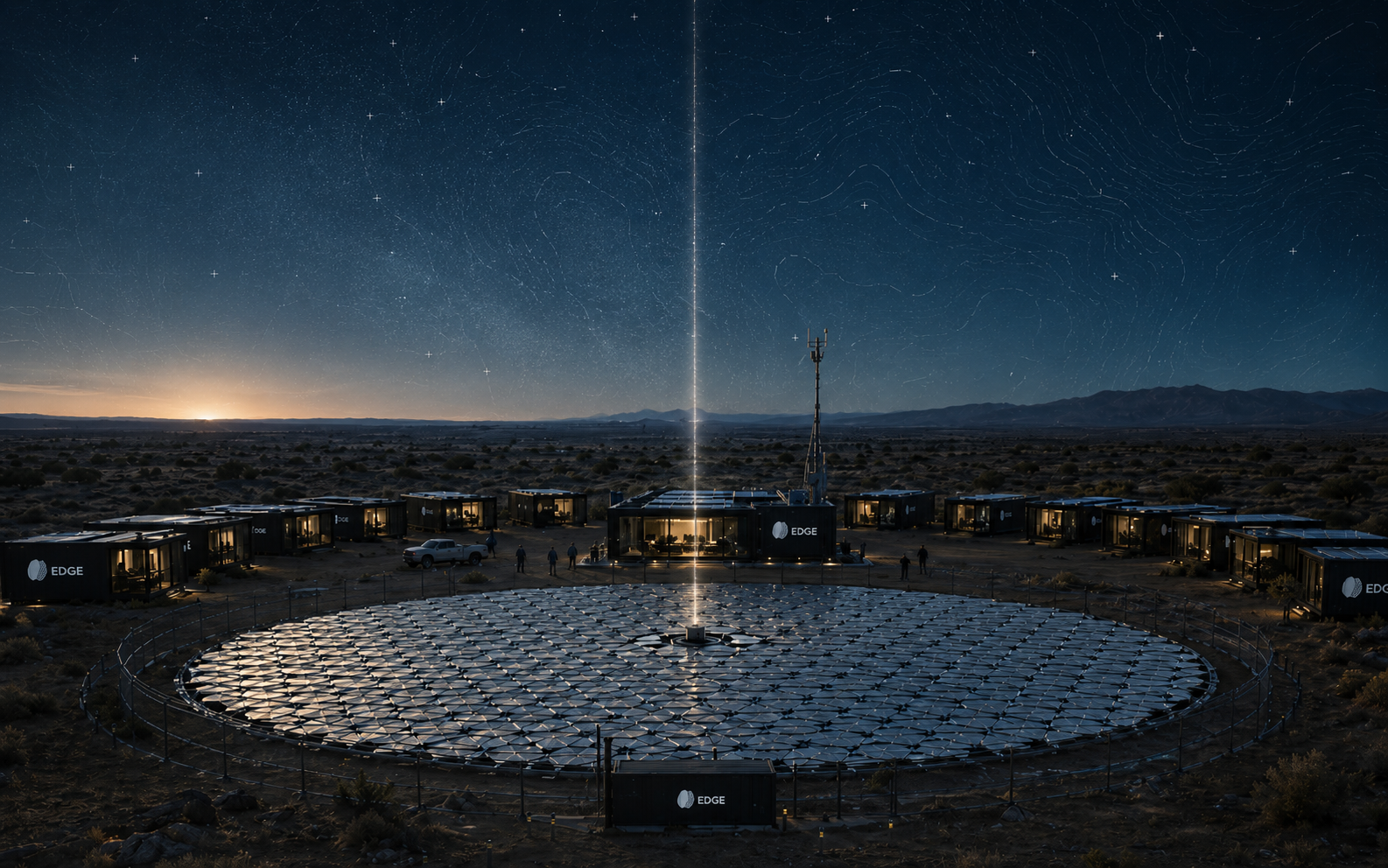Edge containers ringed around a heliostat array under a starlit desert sky