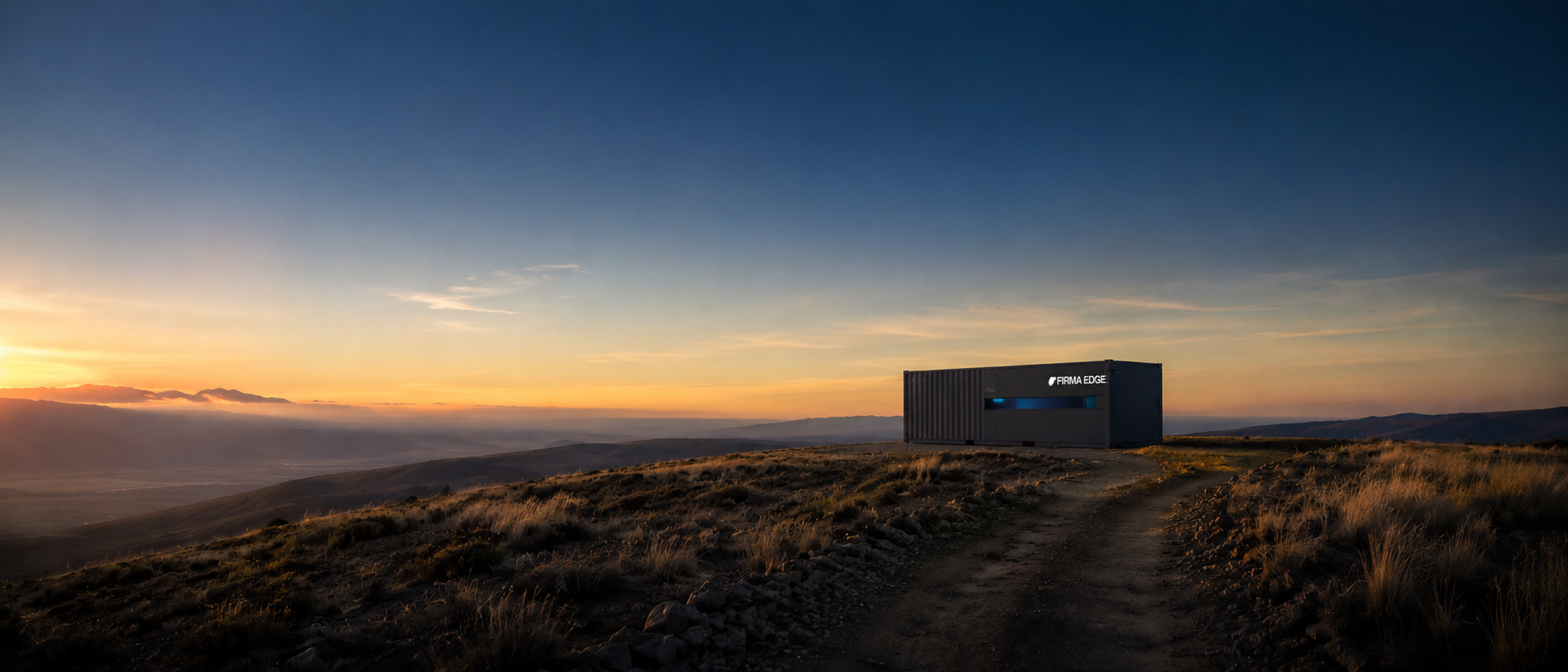 A Firma Edge container at golden hour on an open ridge — sovereign compute arriving where it's needed