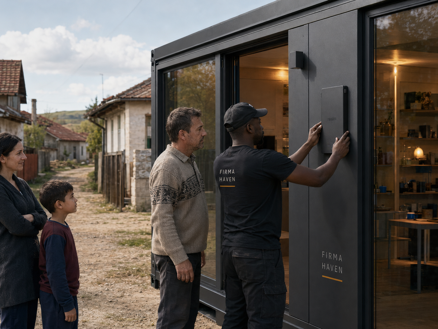 A Firma Haven team installing a Realm Node on a Haven exterior with locals watching