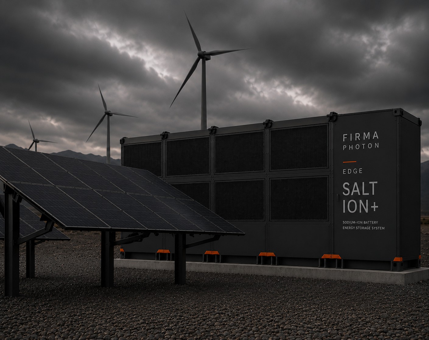 Grid-scale Firma Photon array with Salt Ion+ storage and wind turbines