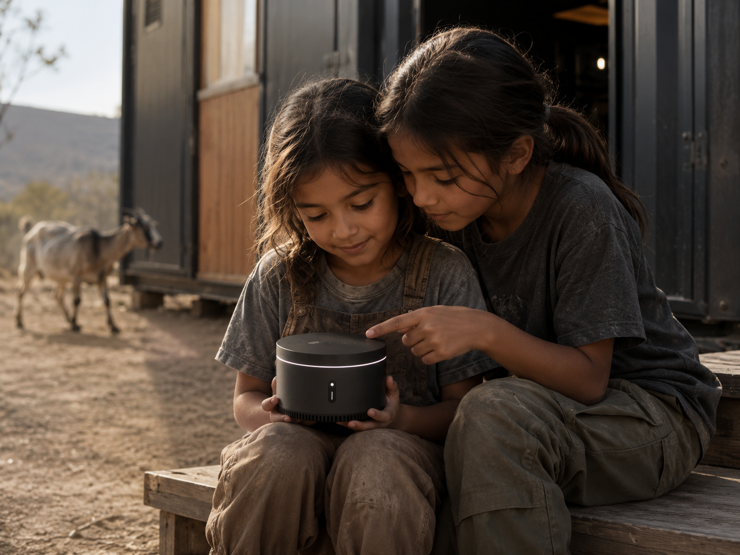 Two children on a Haven porch holding a small Realm Hub device