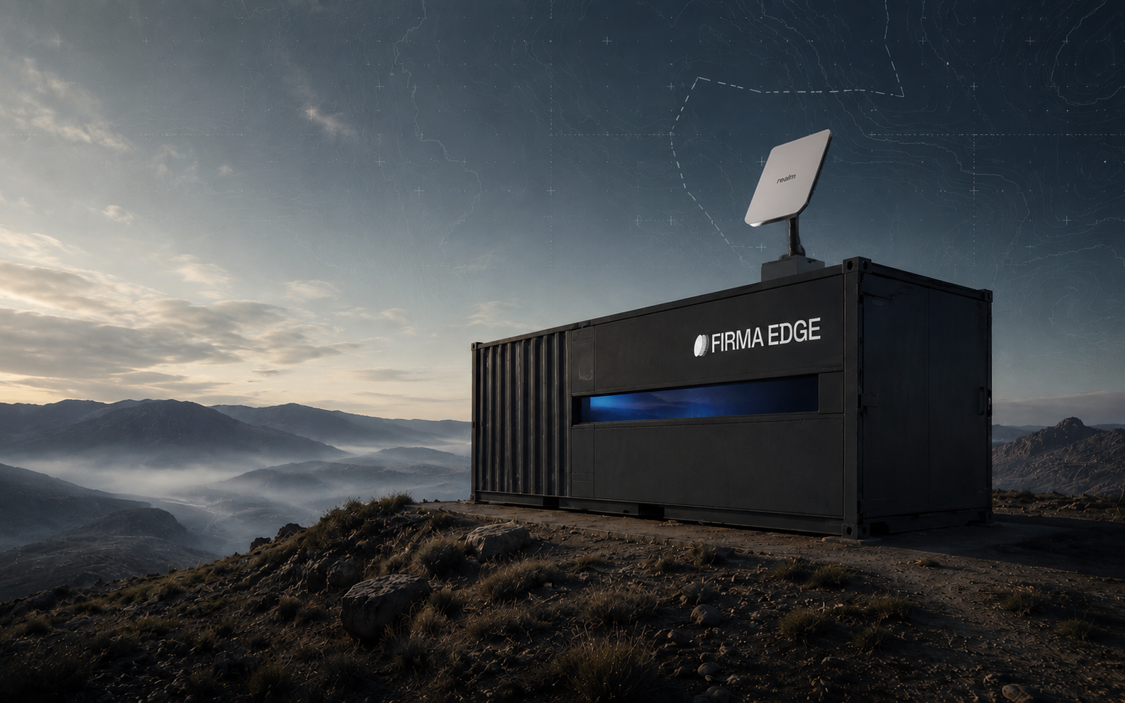 A Realm Node on a frontier ridge — sovereign infrastructure arriving past where current systems were designed to operate