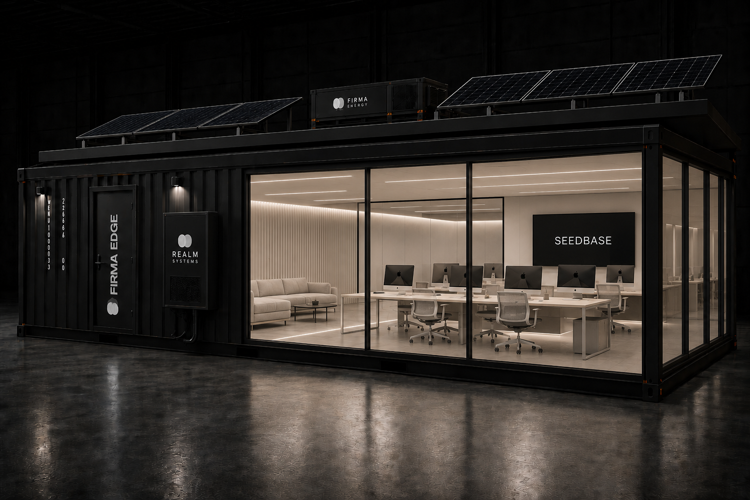A Firma SeedBase container — community campus workspace with rooftop Photon panels