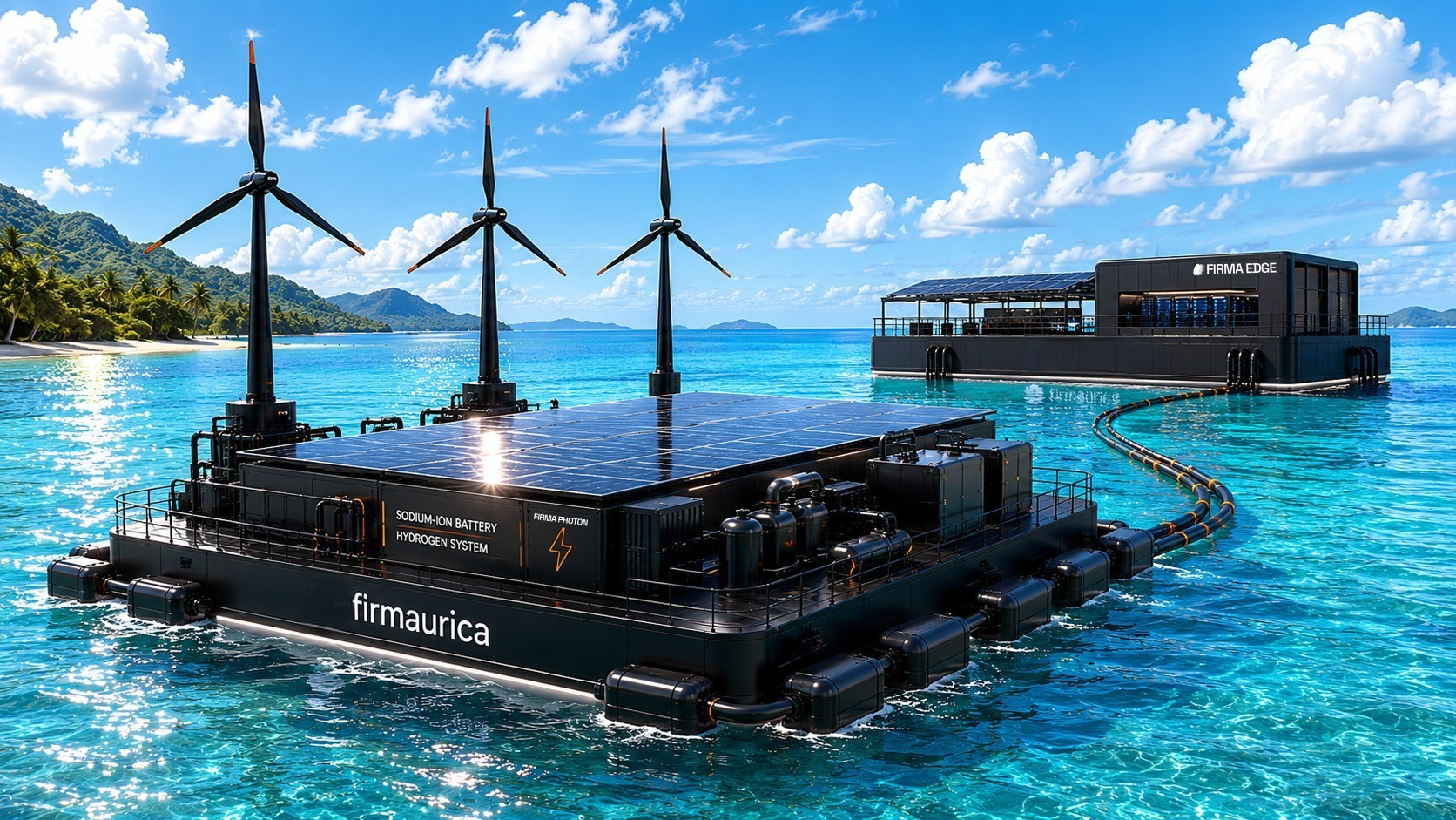 firmaurica — a floating Firma Edge compute-and-energy platform on the open ocean, wind, solar, and storage feeding the chain offshore