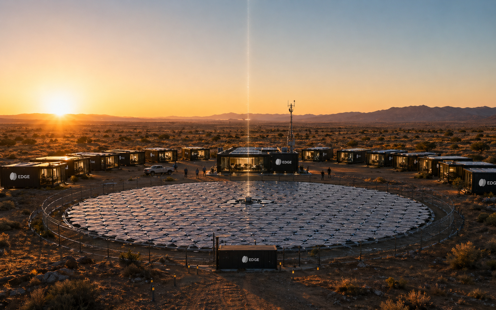 A Firma Edge heliostat array in the desert at sunrise — a ring of mirrors concentrating energy beside a Realm deployment, researching new ways to capture power for the compute substrate
