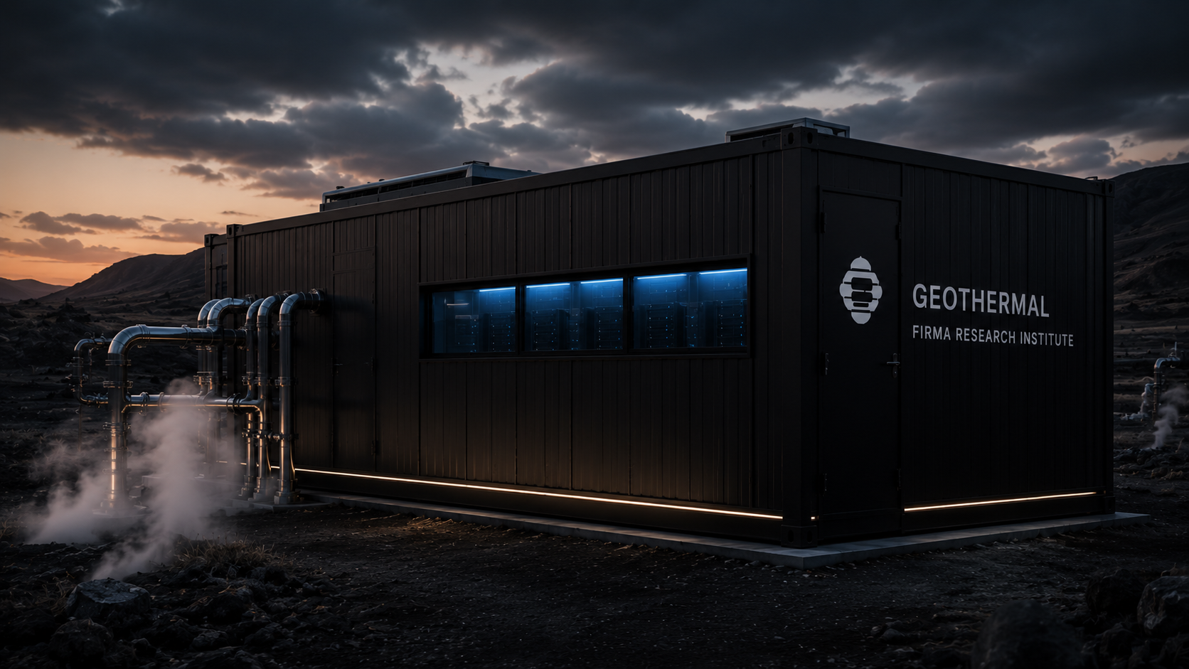 A Firma Research Institute geothermal container with steam pipes at dusk