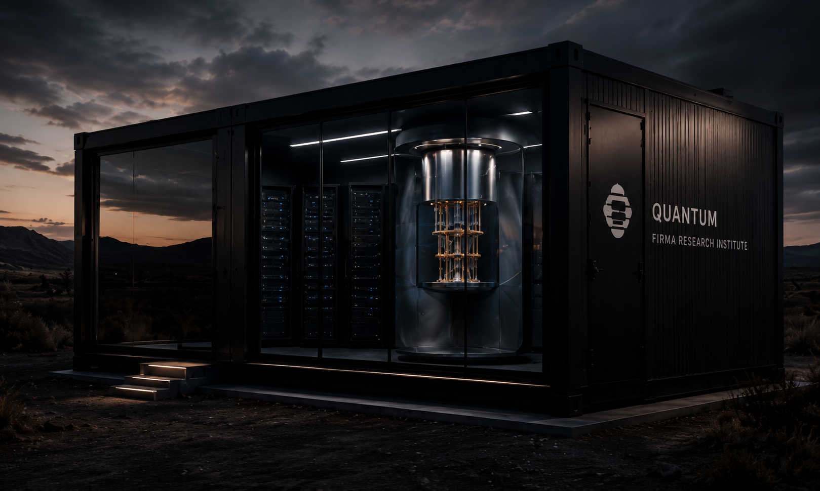 A Firma Research Institute quantum computer in a glass field container at dusk