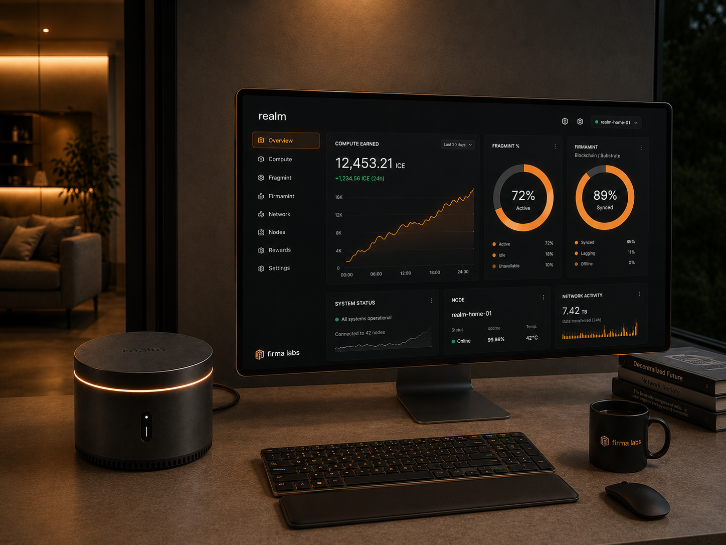 The realm dashboard on a home Realm node — compute earned, fragmint share, firmamint sync, and node status, earning at the edge