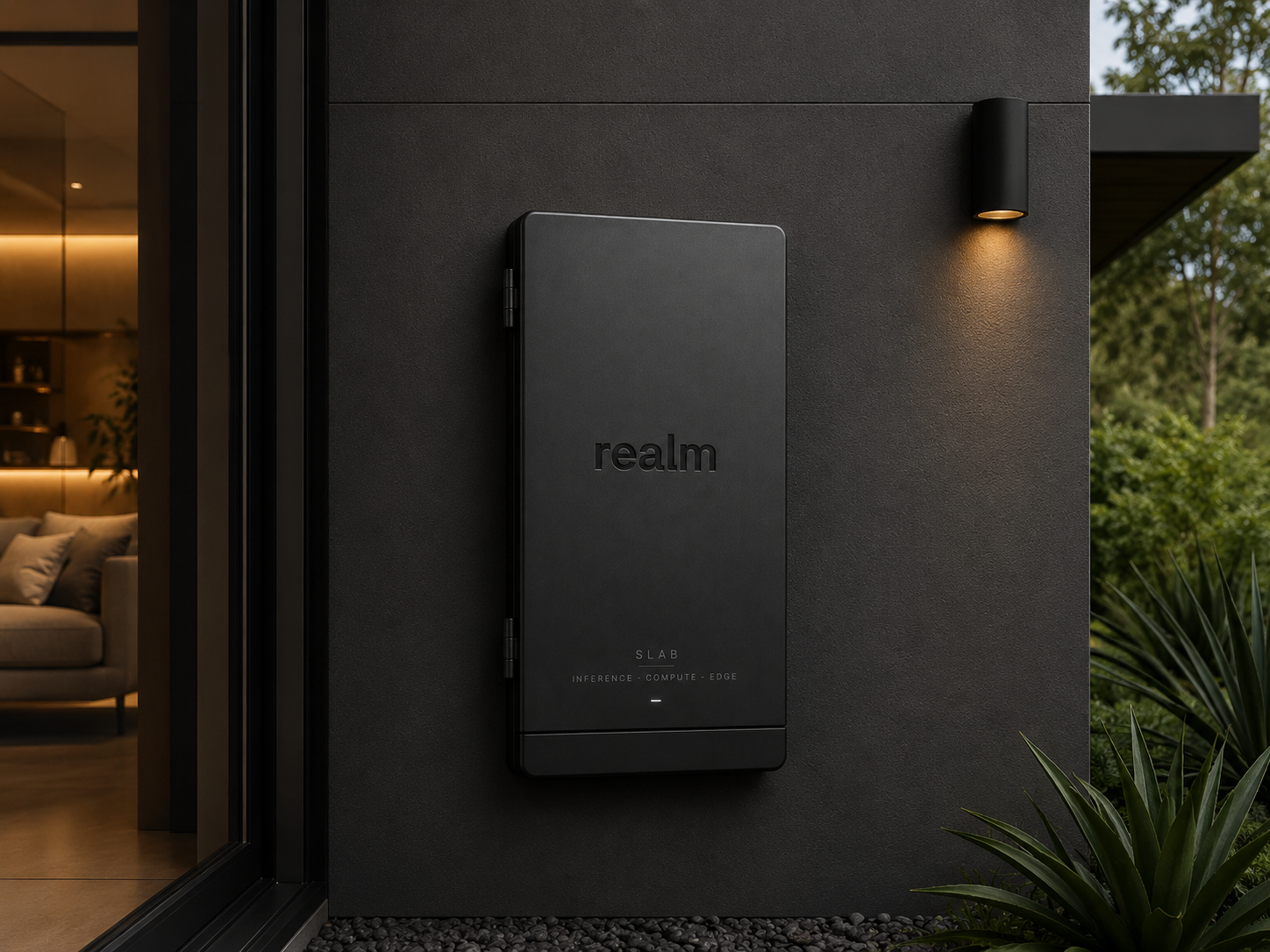 Realm Slab — a wall-mounted Realm Node etched 'realm'