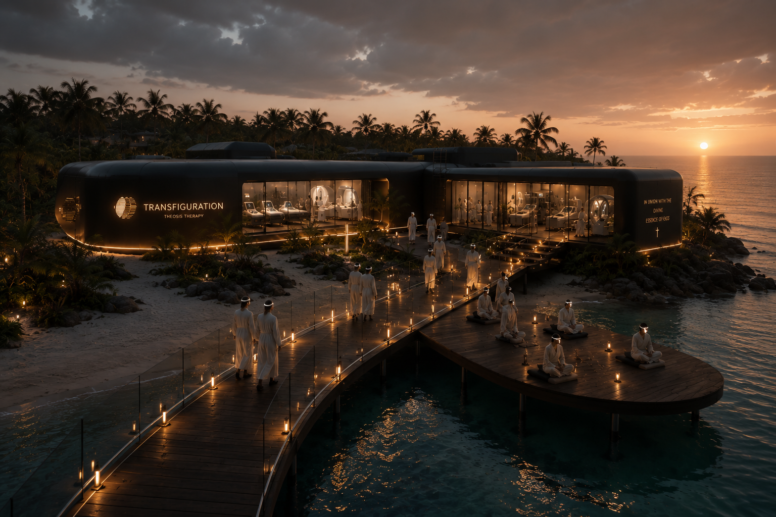 A Transfiguration Clinic on the ocean at dusk — people in white gathered in prayer and stillness, the Theosis Therapy center glowing behind them