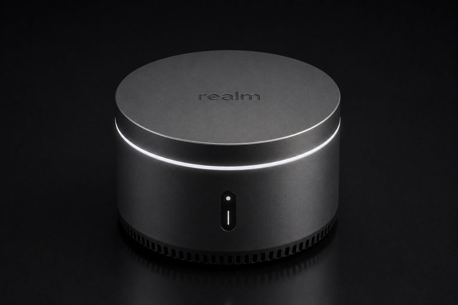 Realm node — sleek matte disc with the realm wordmark