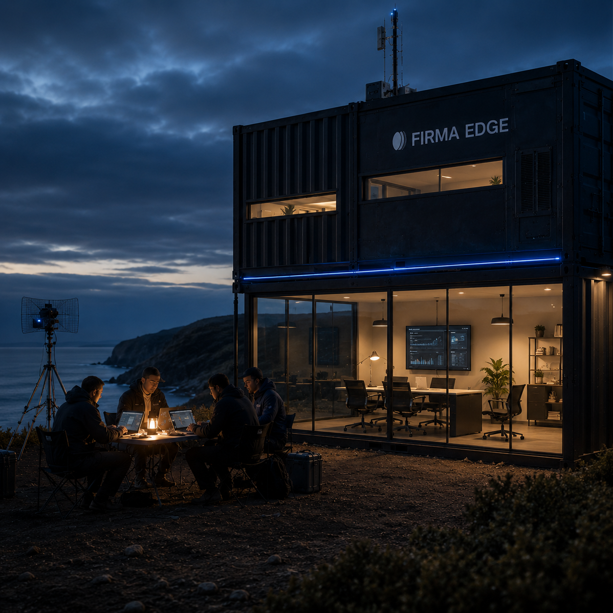 SeedBase coastal workspace — Firma Edge container at dusk with people working at outdoor table, comms tripod